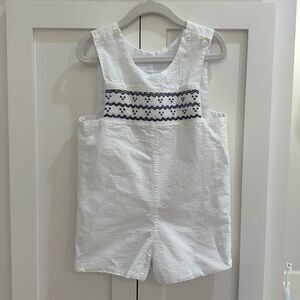 Claire and Charlie White Seersucker Jon Jon with Navy/White Smocking 18M